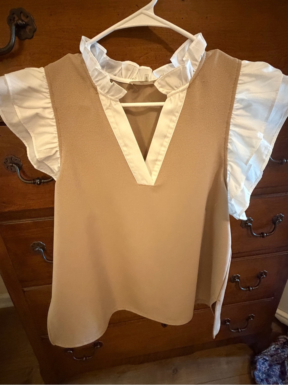 entro Beige Shell Top with White Ruffled Sleeves